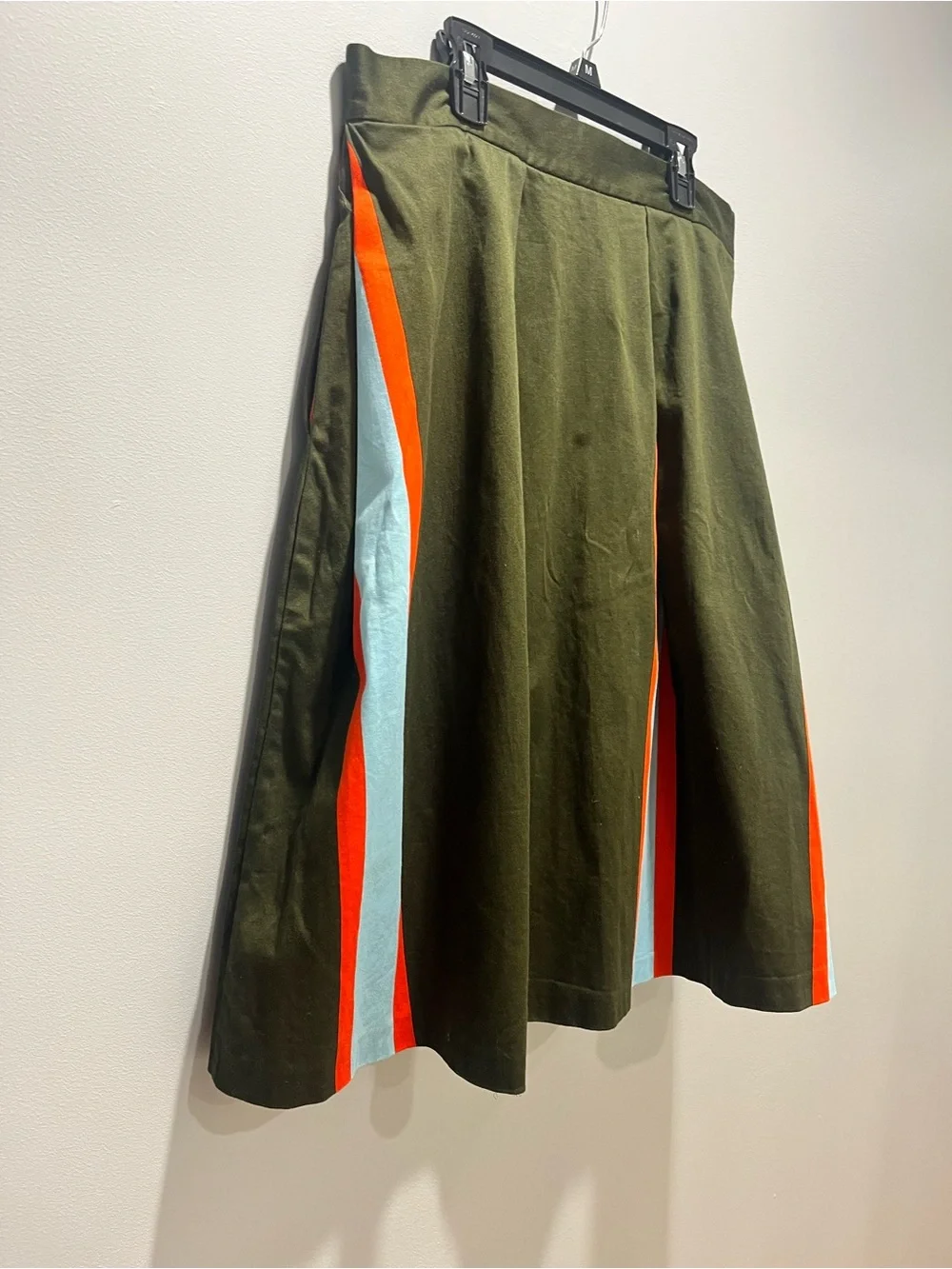 Closet London Striped Box Pleat Bell Midi Skirt Olive Green Orange Mod Size 10